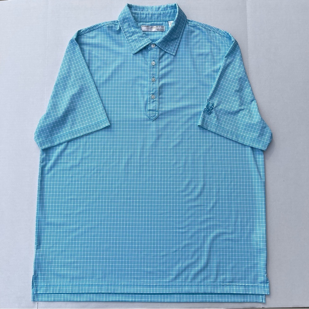 Carnoustie Performance Golf Polo Mens XL Aqua Plaid Stretch Wicking GV Club Logo